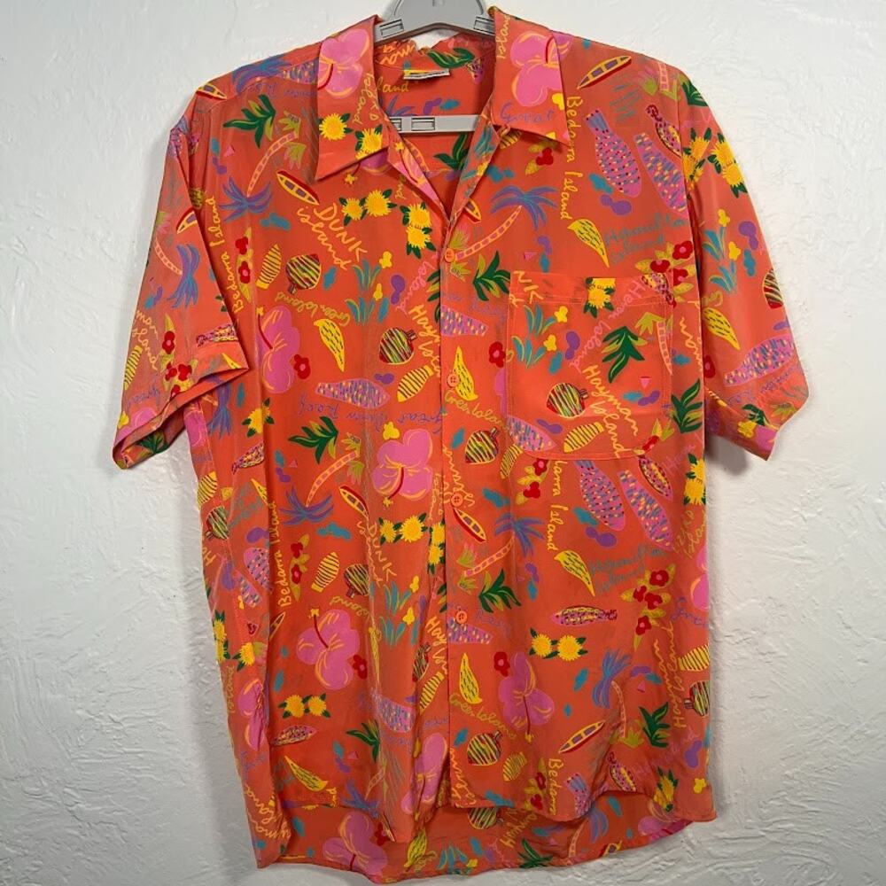 Vintage Ken Done Shirt M Orange Great Barrier Reef Rayon Australia 80s 90s